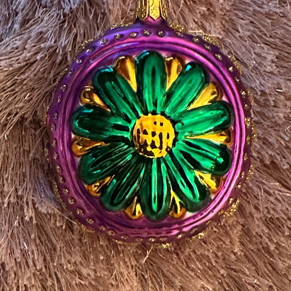 Christopher Radko? Purple and Green Floral Ornament Stunning! Vintage Glass